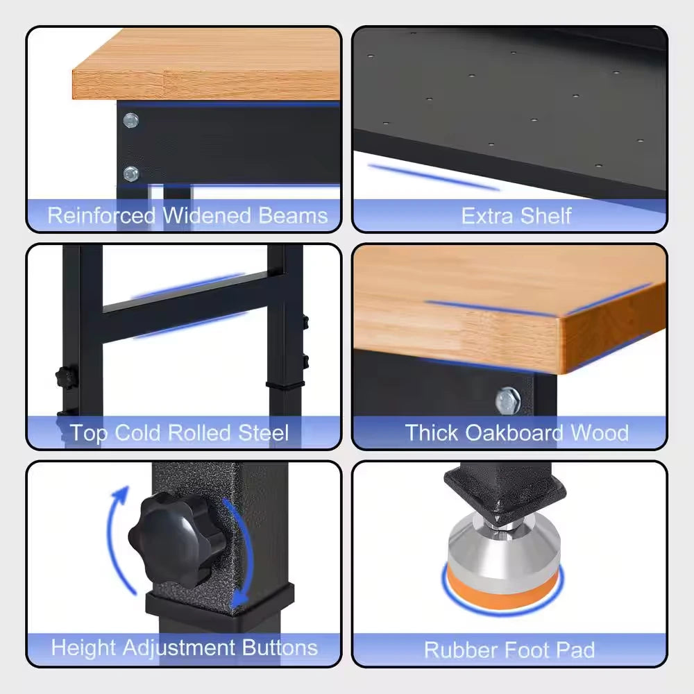 48 In. W X 24 In. D Heavy-Duty Work Bench Adjustable Work Bench Work Table, Solid Wood Top with Foot Pads and Partition — product view 3