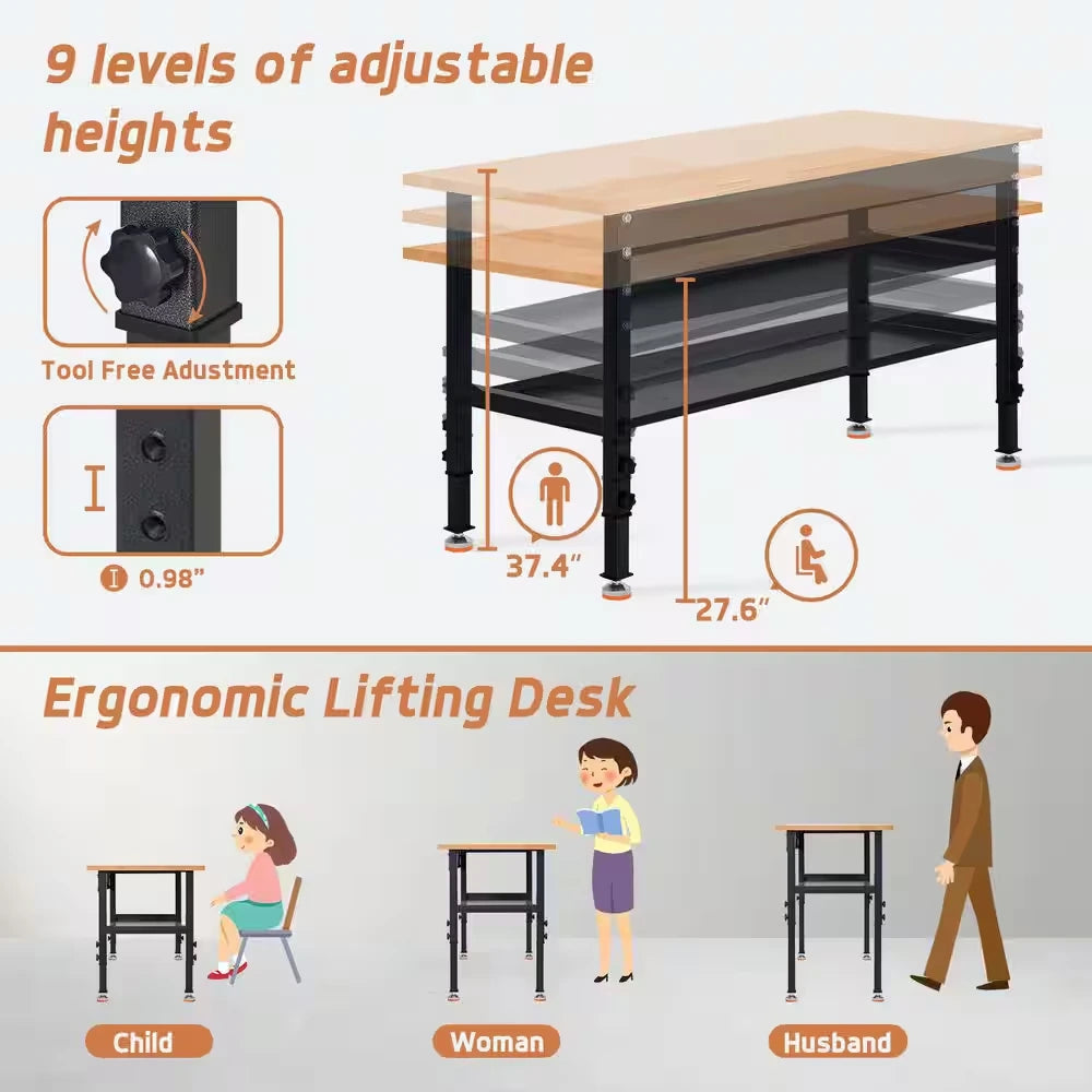 48 In. W X 24 In. D Heavy-Duty Work Bench Adjustable Work Bench Work Table, Solid Wood Top with Foot Pads and Partition — product view 7