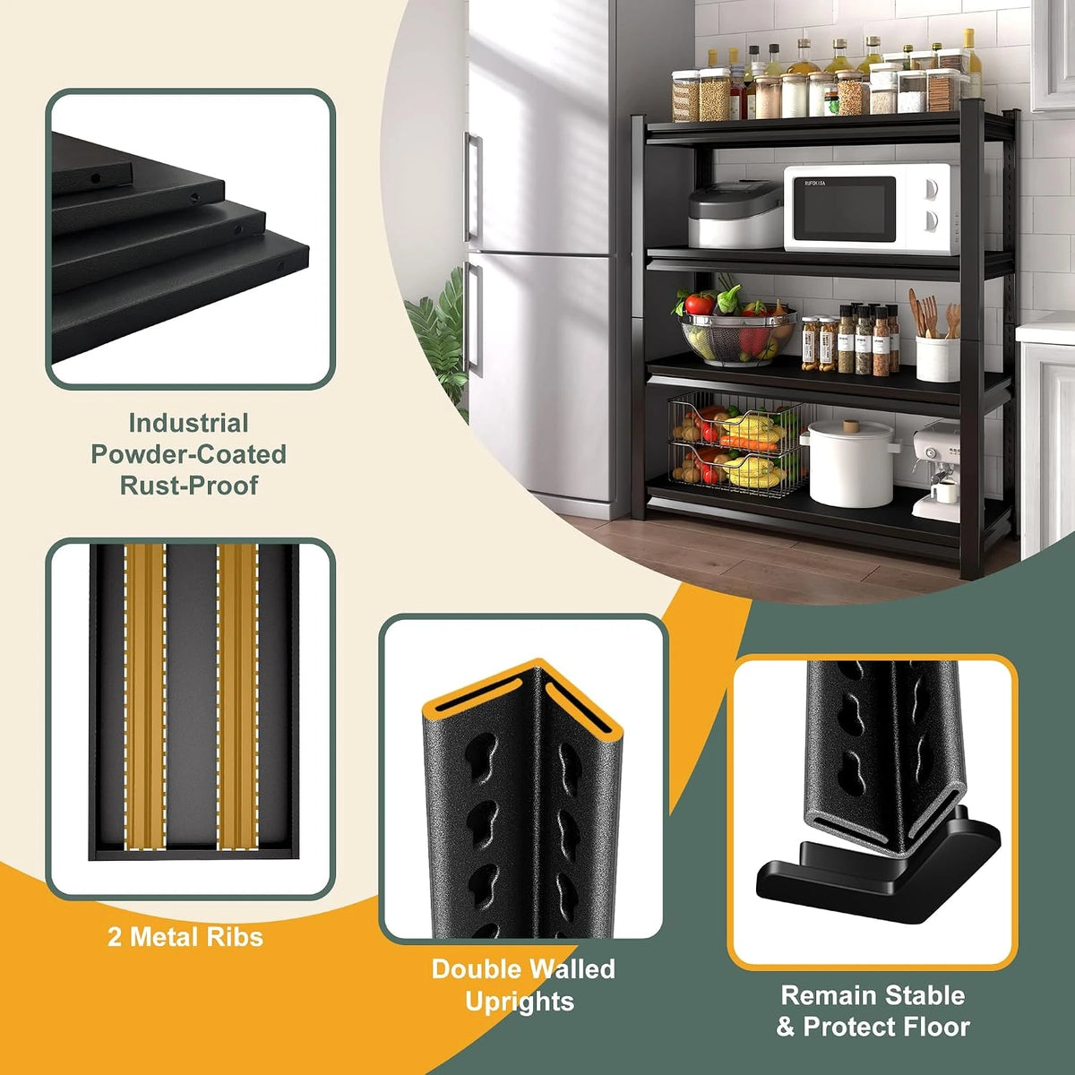 48" W Garage Shelving Heavy Duty, 2200LBS Loads Adjustable Garage Storage Shelves,4-Tier Metal Storage Racks and Shelving Units, Utility Rack Shelves,48" W X 16" D X 63" H,Black — product view 6
