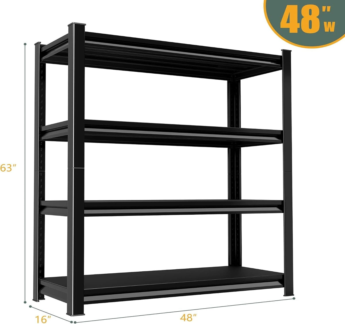 48" W Garage Shelving Heavy Duty, 2200LBS Loads Adjustable Garage Storage Shelves,4-Tier Metal Storage Racks and Shelving Units, Utility Rack Shelves,48" W X 16" D X 63" H,Black — product view 9