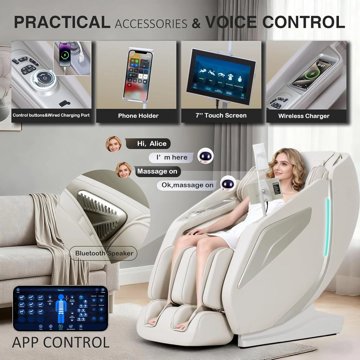 4D Massage Chair Full Body Zero Gravity Sl-Track Body Scan & Stretch, Beige — product view 5