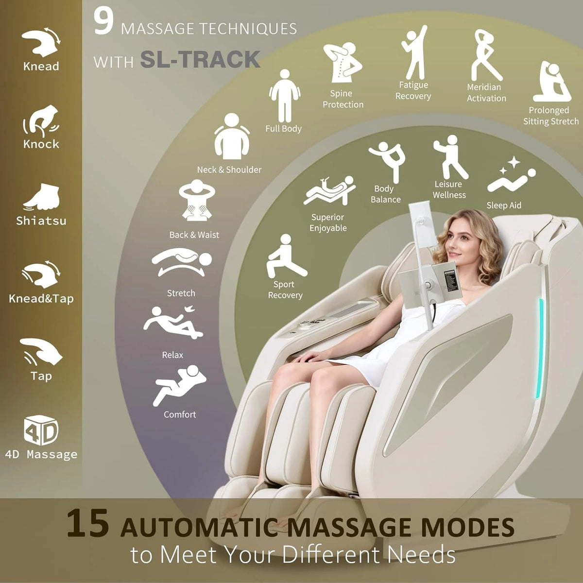 4D Massage Chair Full Body Zero Gravity Sl-Track Body Scan & Stretch, Beige — product view 6