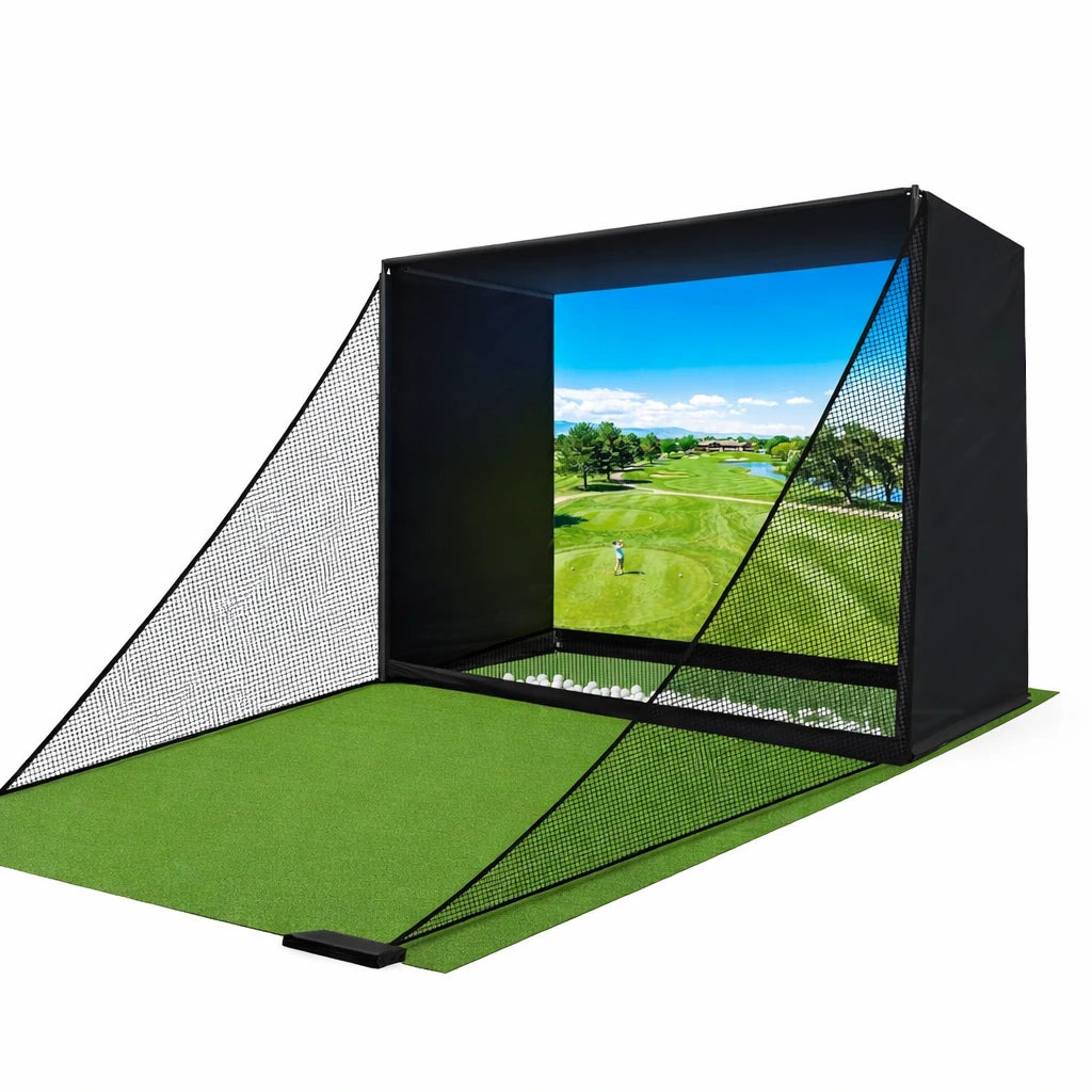 Golf Simulator Enclosure Net 10X8Ft Golf Practice Simulator with HD Impact Screen Kit & Sturdy EPE Foam-Filled Frame Golfs Cage Net with Safety Side Nets for Home Indoor Setup