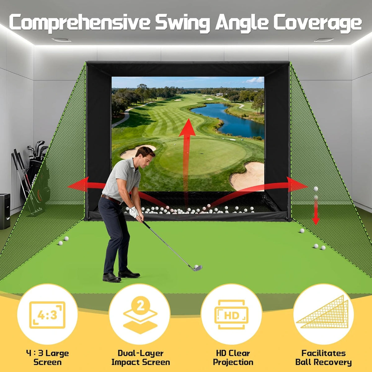 Golf Simulator Enclosure Net 10X8Ft Golf Practice Simulator with HD Impact Screen Kit & Sturdy EPE Foam-Filled Frame Golfs Cage Net with Safety Side Nets for Home Indoor Setup — product view 5