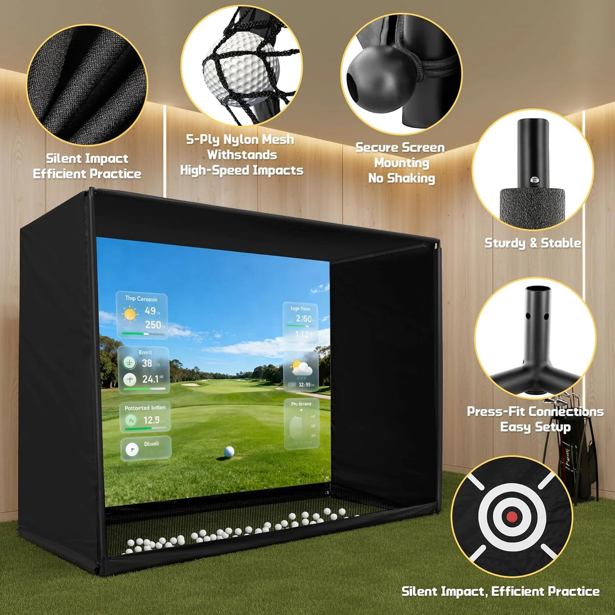 Golf Simulator Enclosure Net 10X8Ft Golf Practice Simulator with HD Impact Screen Kit & Sturdy EPE Foam-Filled Frame Golfs Cage Net with Safety Side Nets for Home Indoor Setup — product view 6