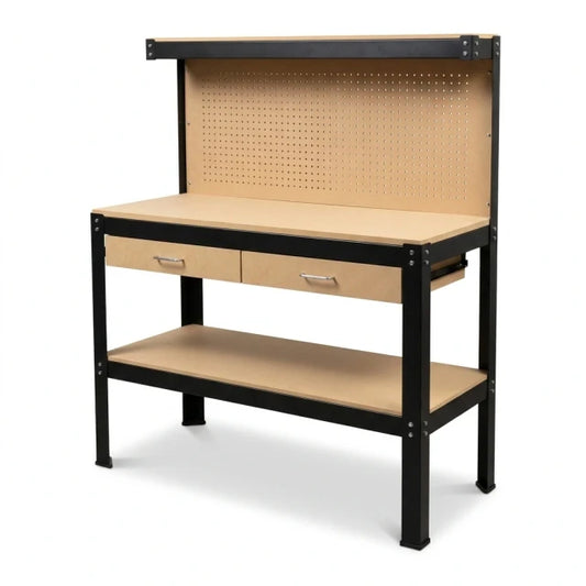 Work Bench with Drawers, Wood Garage Workbench with Peg Board and Storage Shelf — Studio Shot