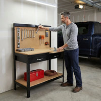Work Bench with Drawers, Wood Garage Workbench with Peg Board and Storage Shelf — Lifestyle