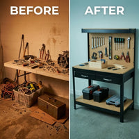 Work Bench with Drawers, Wood Garage Workbench with Peg Board and Storage Shelf — Before & After