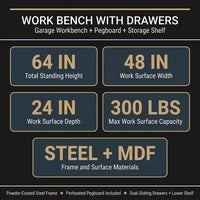 Work Bench with Drawers, Wood Garage Workbench with Peg Board and Storage Shelf — Results & Stats