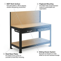 Work Bench with Drawers, Wood Garage Workbench with Peg Board and Storage Shelf — product view 3